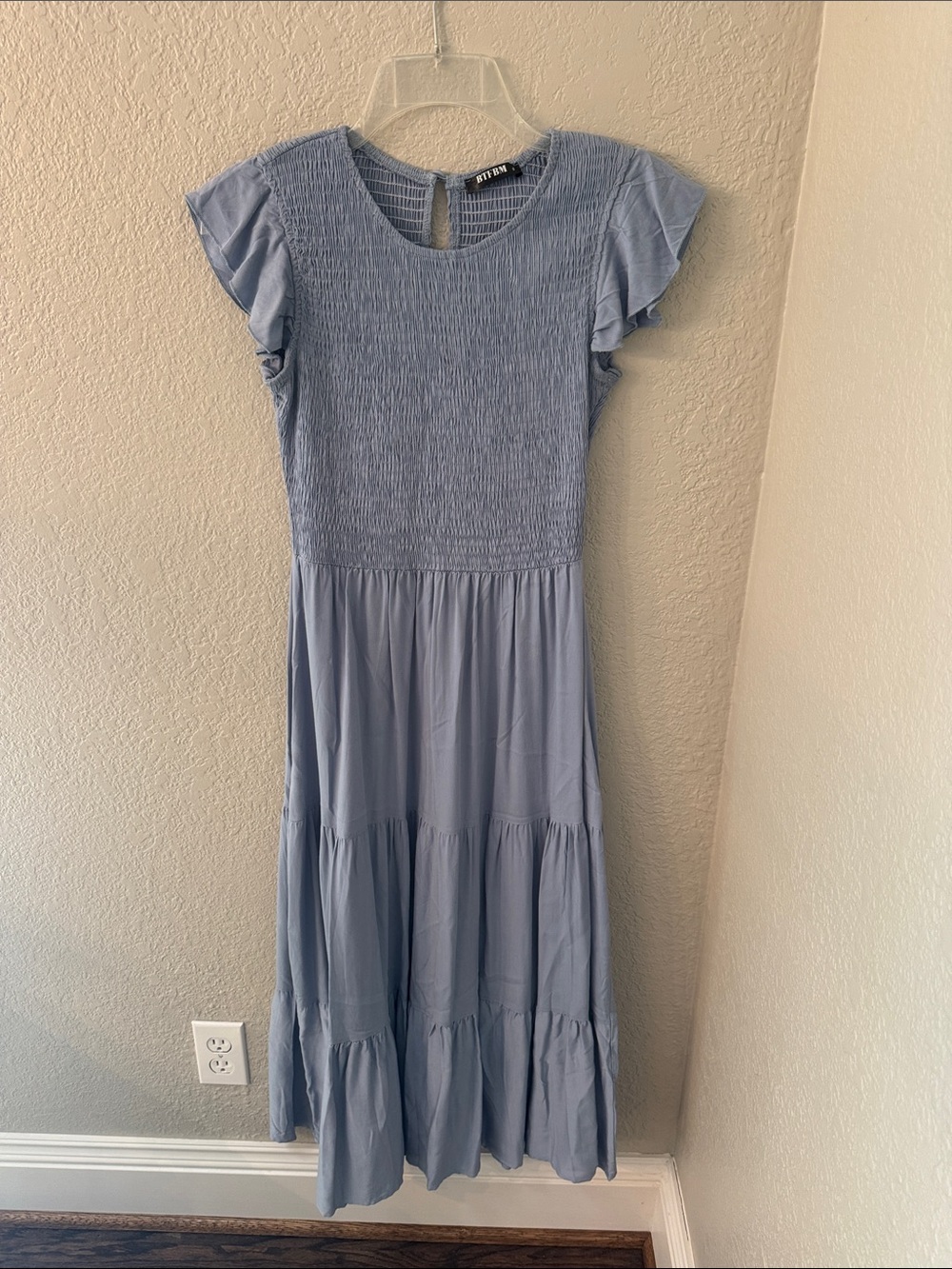 Smocked Flutter-Sleeve Maxi Dress in Light Blue